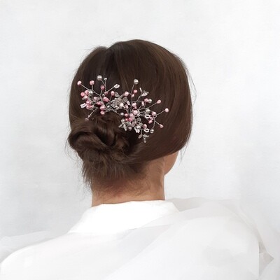 Haarpins - set van 2 pins met roze parels en zilverdraad