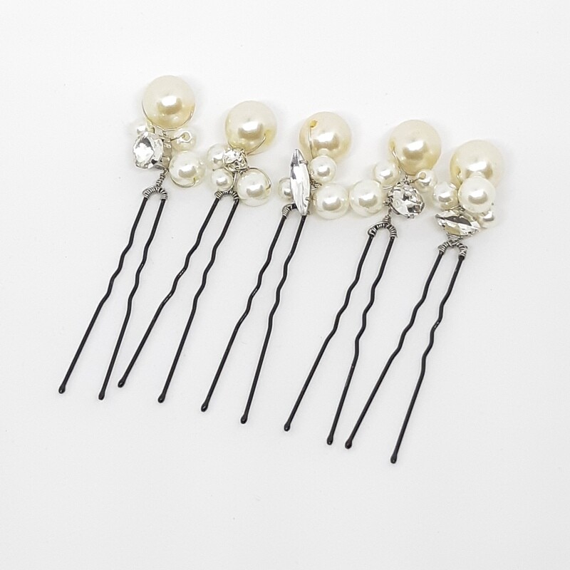 Haarpins - set van 5 spelden met elk 4 parels en strass