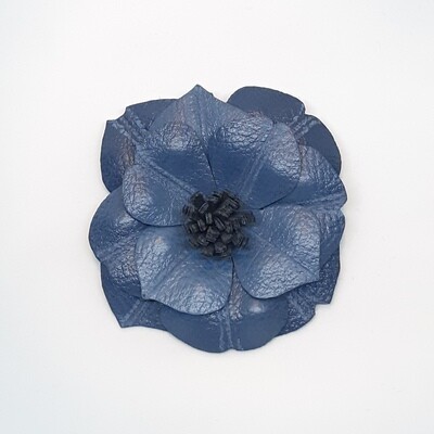 Leder broche - platte bloem - blauw
