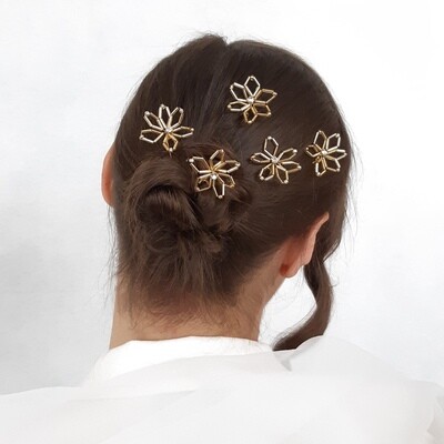 Haarpins - set van 5 spelden gouden staafjes  bloemen en strass