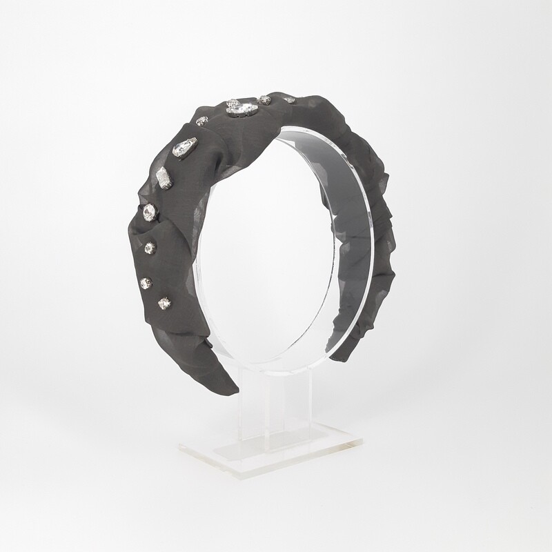 Diadeem in grijze zijde organza met Swarovski kristallen
