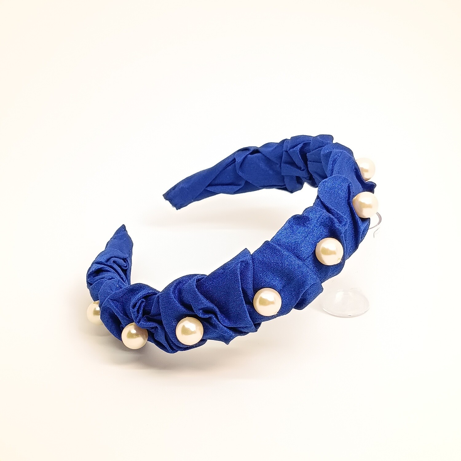 Diadeem - kobalt blauwe zijde met faux parels