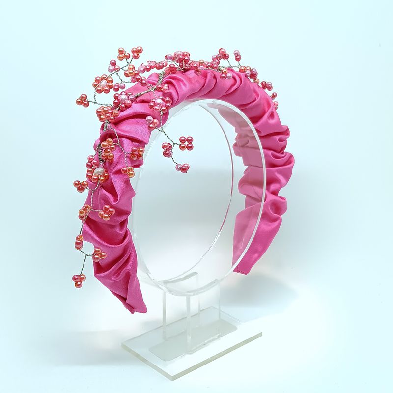 Scrunchie diadeem - fuchsia glans satijn - parel versiering
