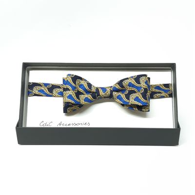 Vlinderdas, donker blauw met geel motief