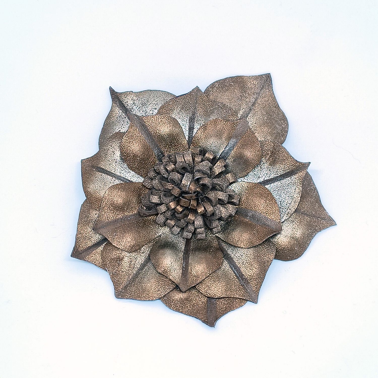 Leder broche - fantasie bloem - koper bruin