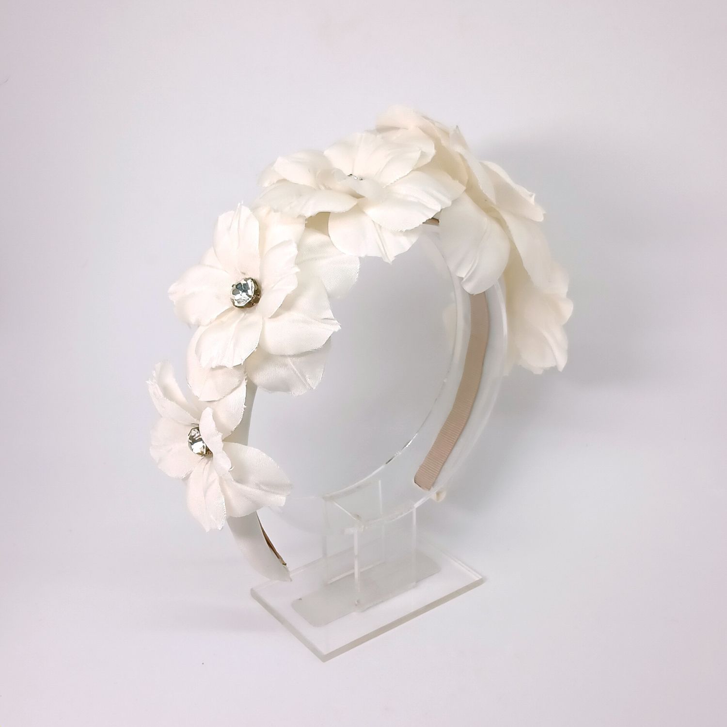 Diadeem - 5 witte platte bloemen