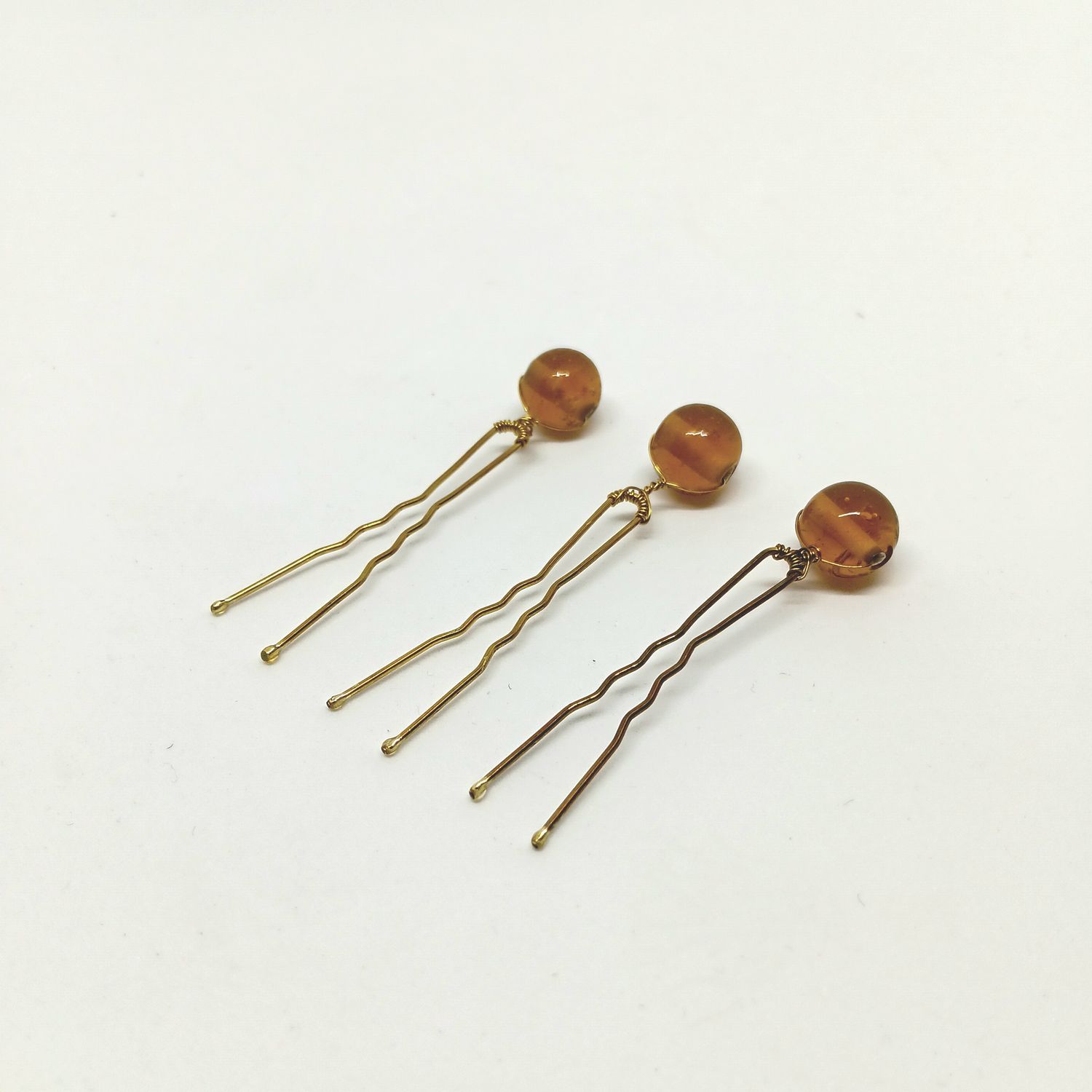 Haarpins - set van 3 pins met Venetiaanse glas parels - amber