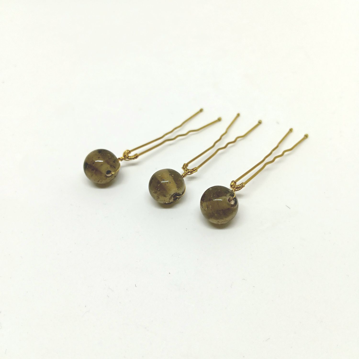 Haarpins - set van 3 pins met Venetiaanse glas parels - kastanjebruin