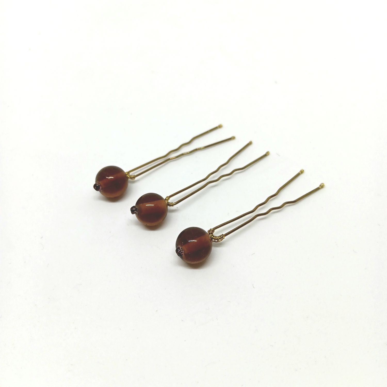 Haarpins - set van 3 pins met Venetiaanse glas parels - warm bruin