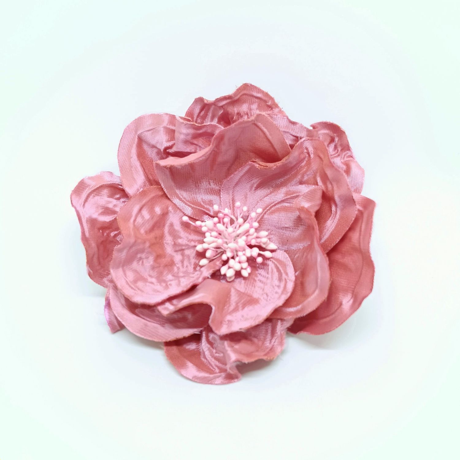 Broche - open roos in roze satijn - diam 12cm