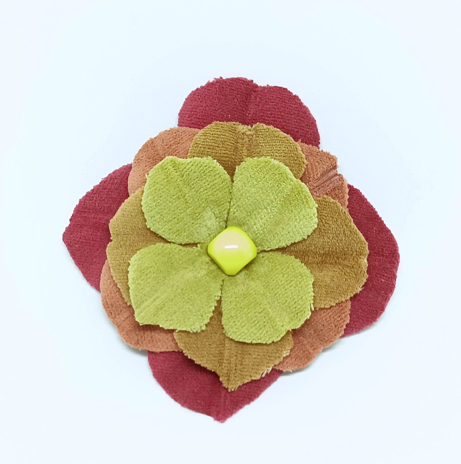 Velours broche - platte bloem - rood-oranje-geel