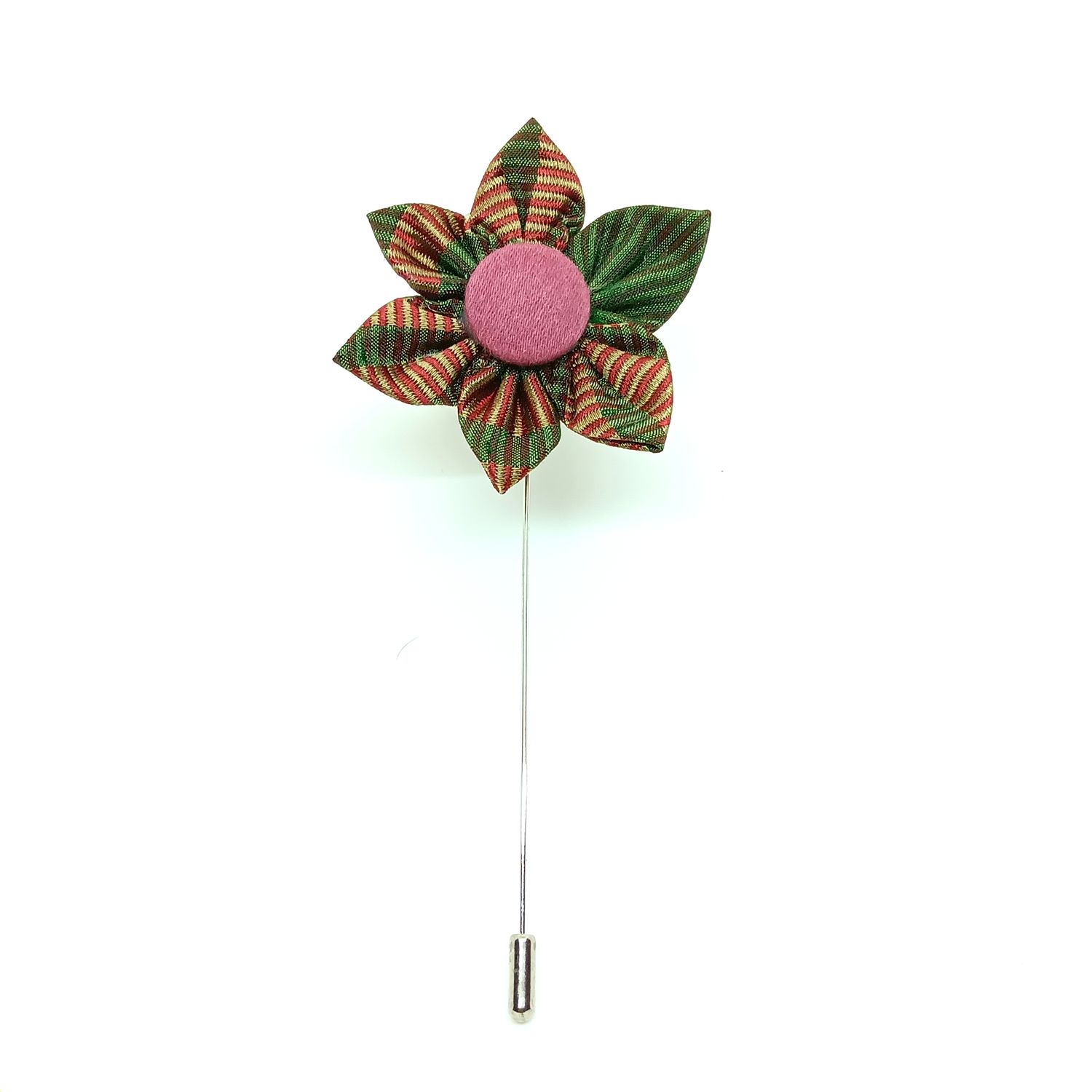 Broche boutonnière lapel speld - wijnrood met kakki zijde Kanzashi
