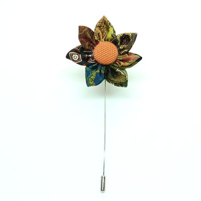 Broche boutonnière lapel speld - bruine patchwork zijde Kanzashi