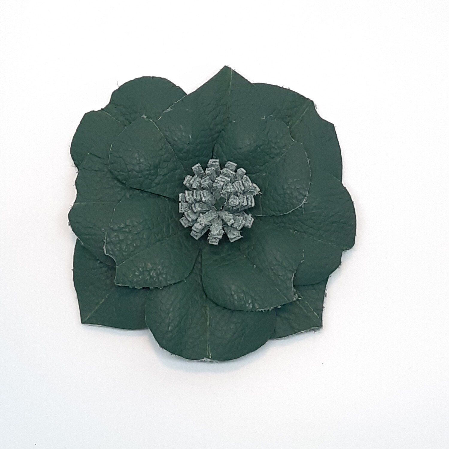 Leder broche - platte bloem - groen