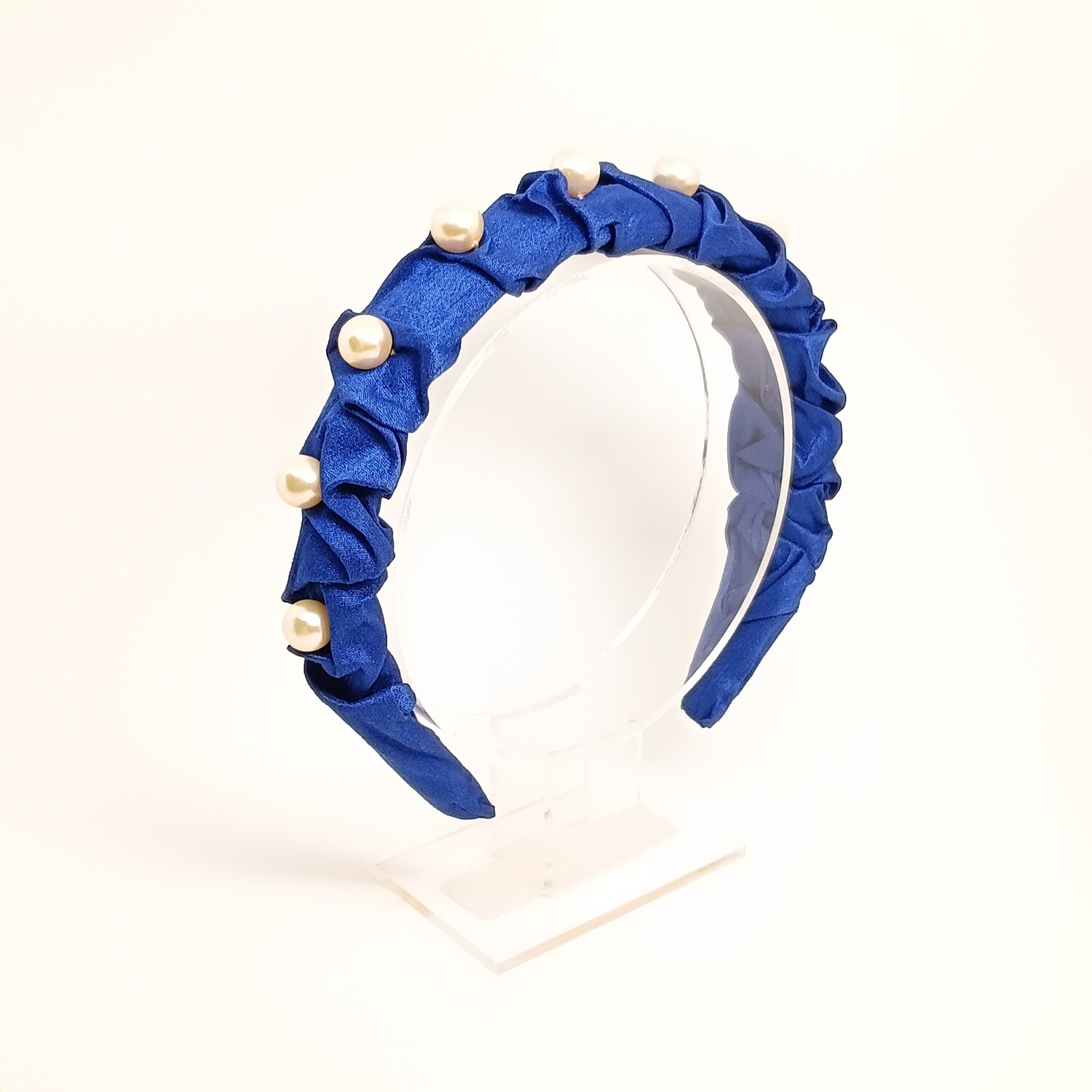 Diadeem - kobalt blauwe zijde met faux parels