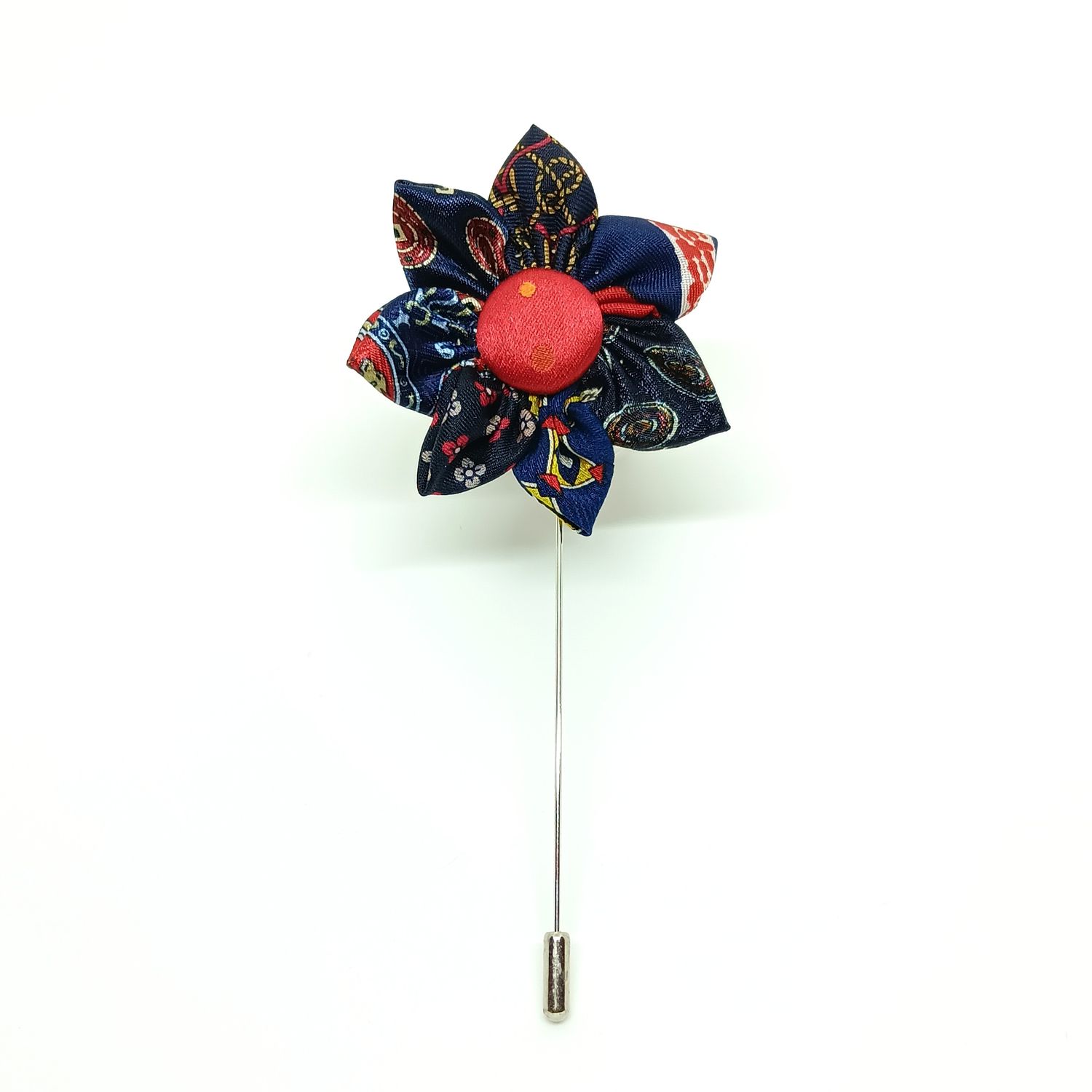 Broche boutonnière lapel speld - blauwe en rode zijde Kanzashi