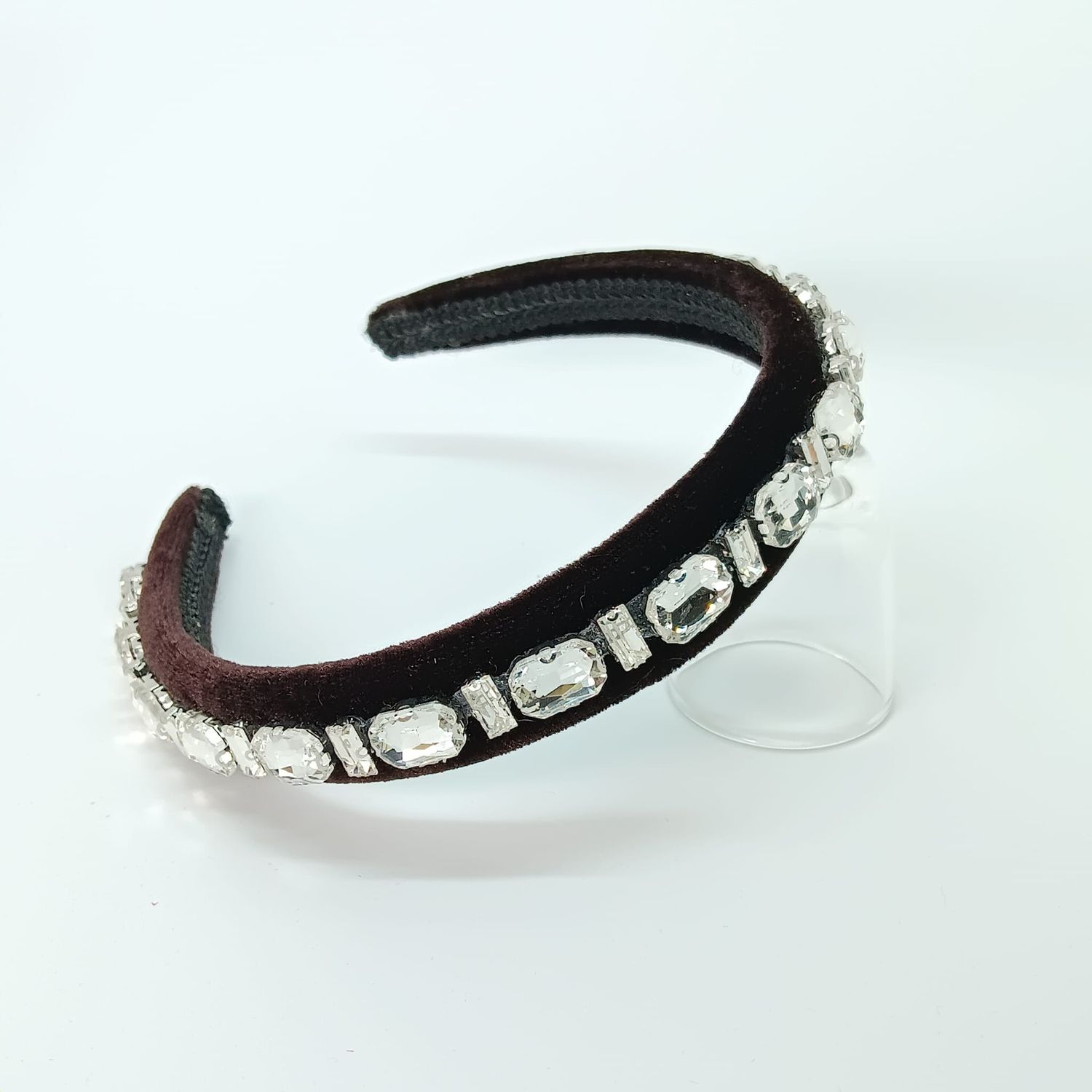 Diadeem tiara bruin fluweel met strass - smal