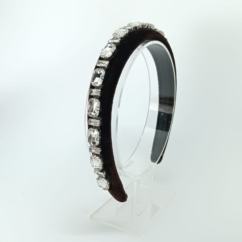 Diadeem tiara bruin fluweel met strass - smal