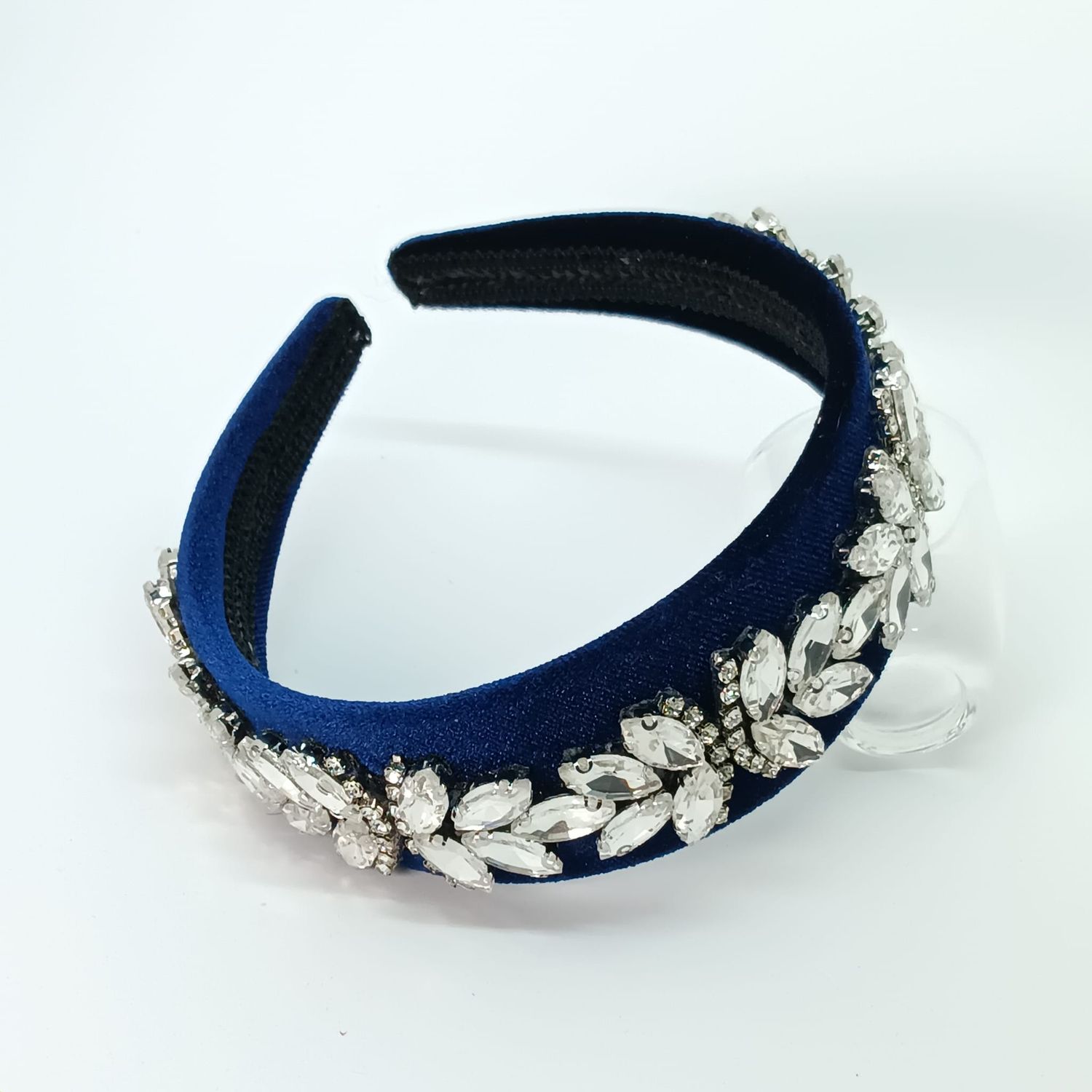 Diadeem tiara blauwe fluweel met strass - breed