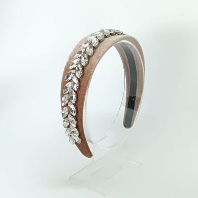 Diadeem tiara beige fluweel met strass - breed