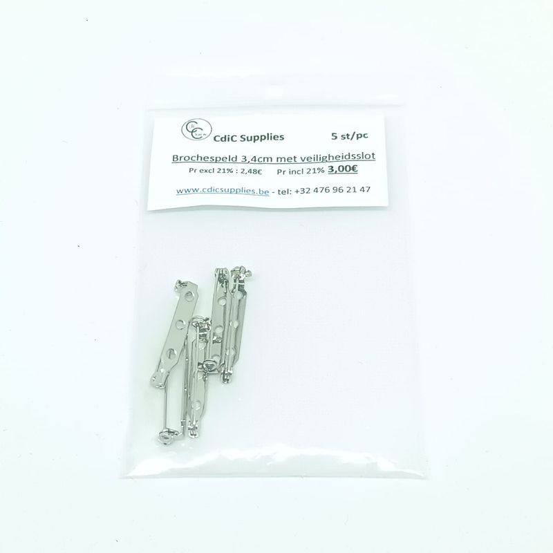Broche speld met veiligheidsslot 3,4cm - 3 gaatjes