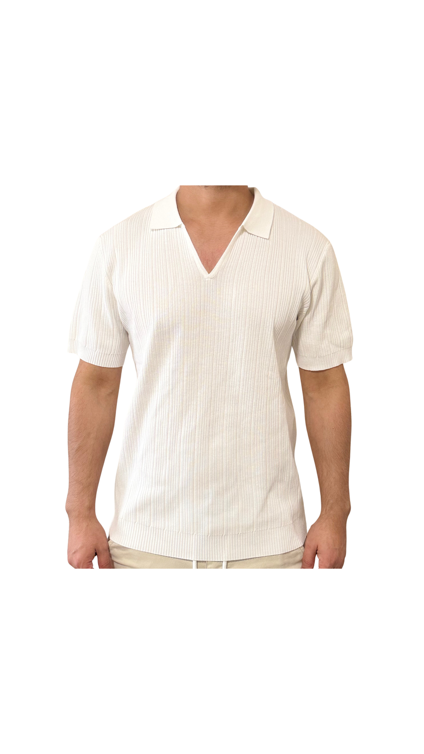 Men&#39;s  White Knitted V Neck Polo T-shirt