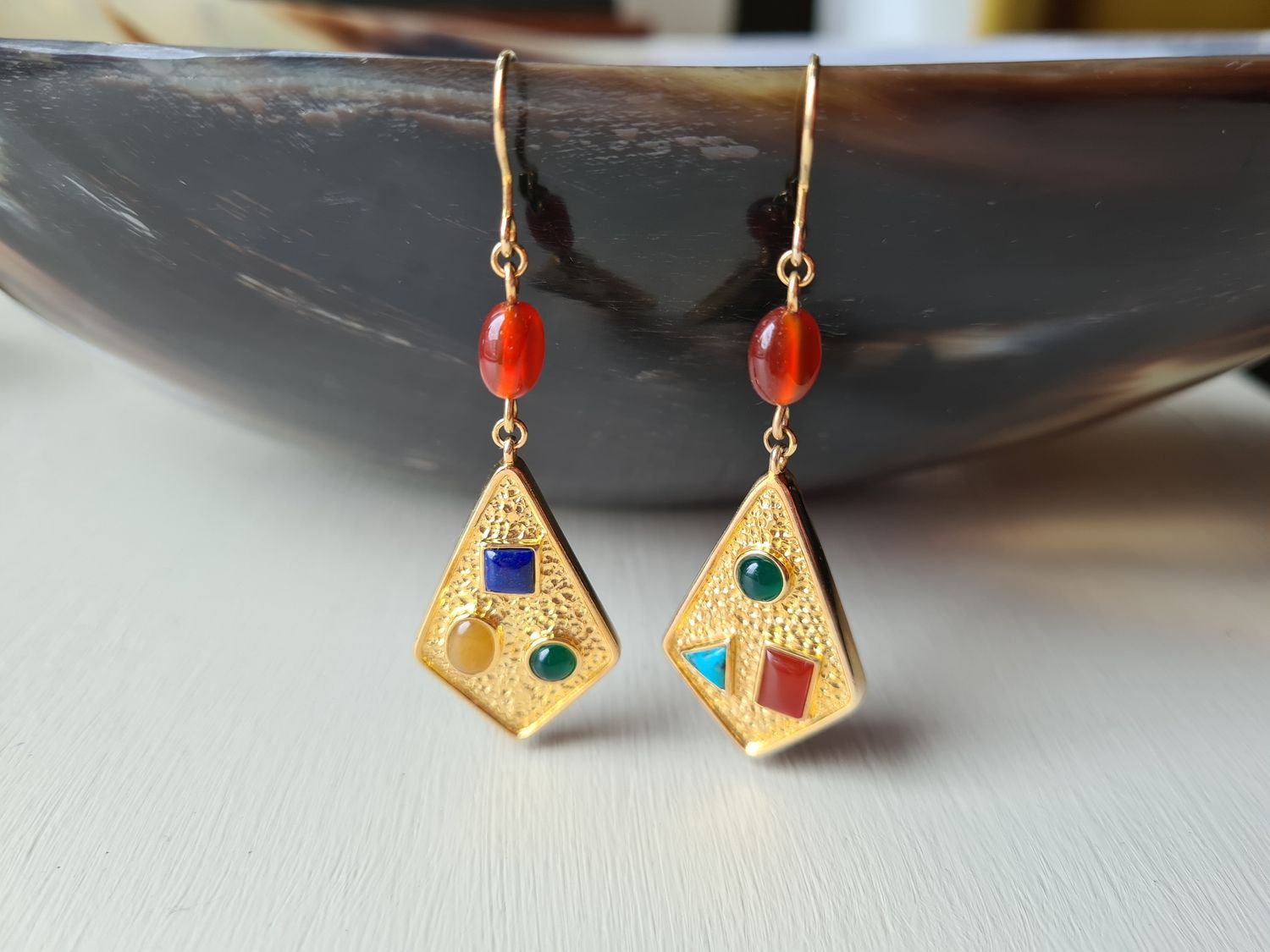 Designer gold vermeil and multi precious stone earrings