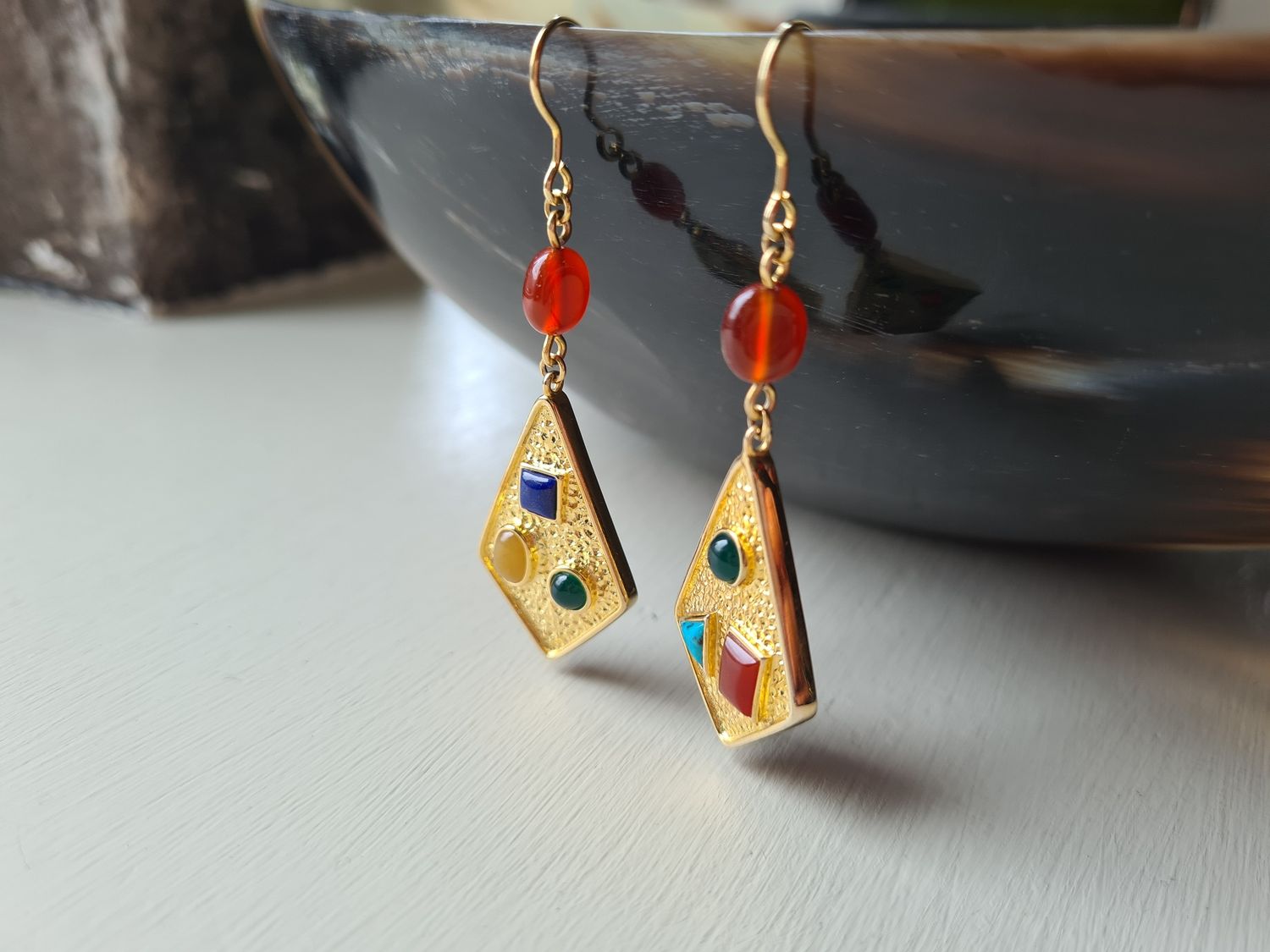 Designer gold vermeil and multi precious stone earrings
