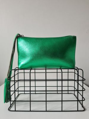 Metallic green leather wristlet bag