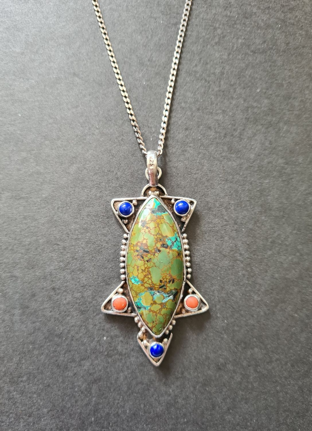 Incredible vintage natural Turquoise, Lapis and Coral silver necklace