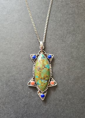 Incredible vintage natural Turquoise, Lapis and Coral silver necklace