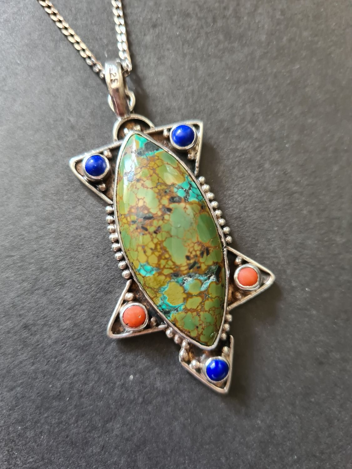 Incredible vintage natural Turquoise, Lapis and Coral silver necklace