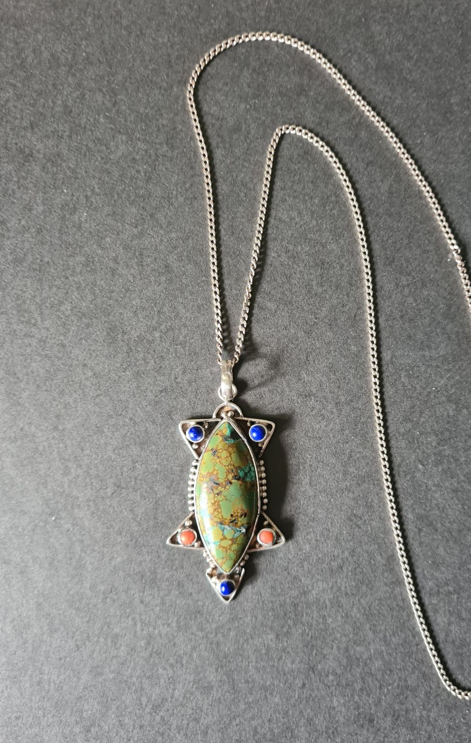 Incredible vintage natural Turquoise, Lapis and Coral silver necklace