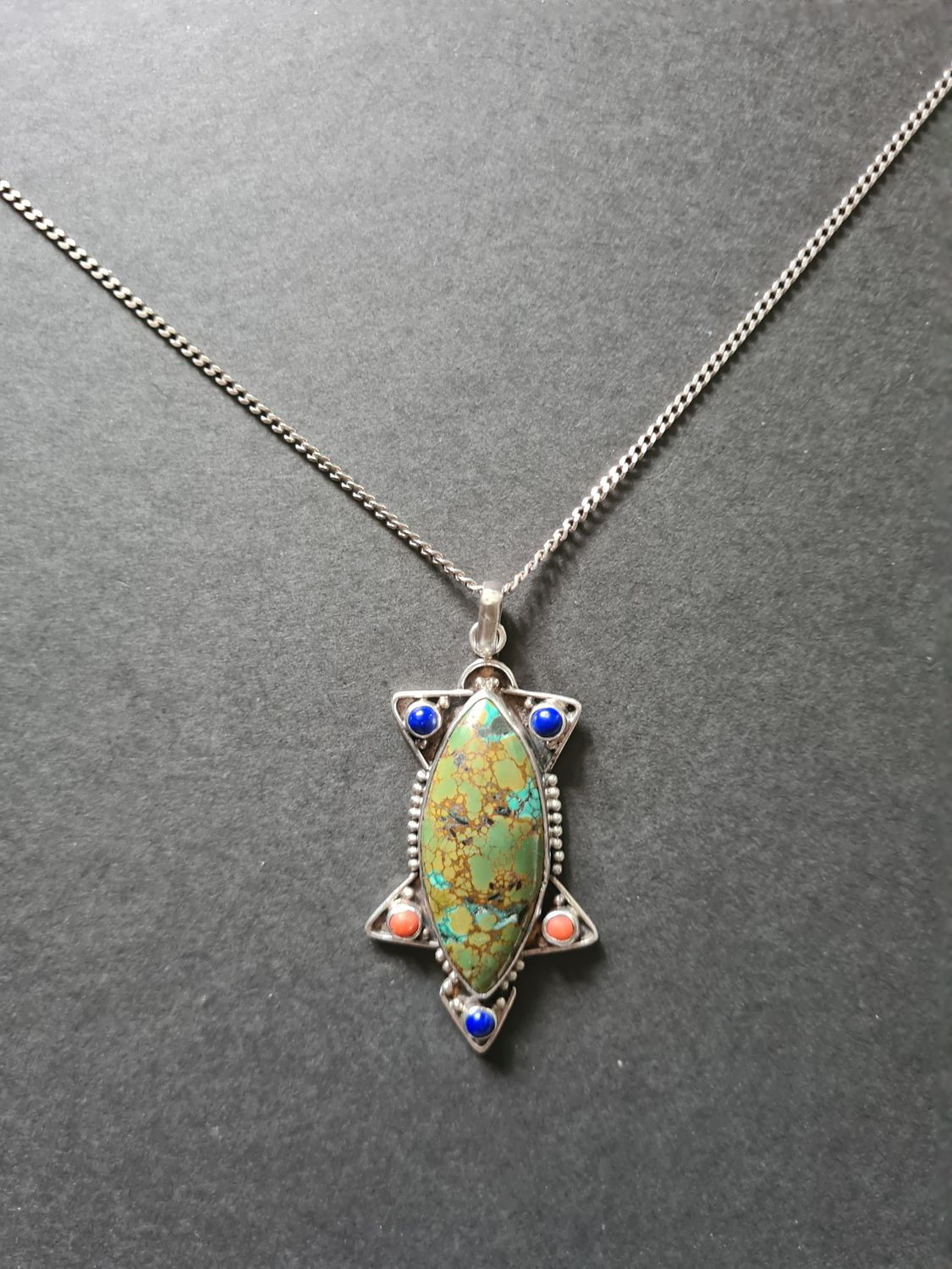 Incredible vintage natural Turquoise, Lapis and Coral silver necklace