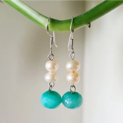 Pretty Pearl &amp; Amazonite silver earrings