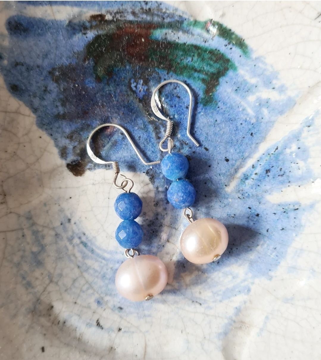Pretty Lapis &amp; Pearl silver earrings
