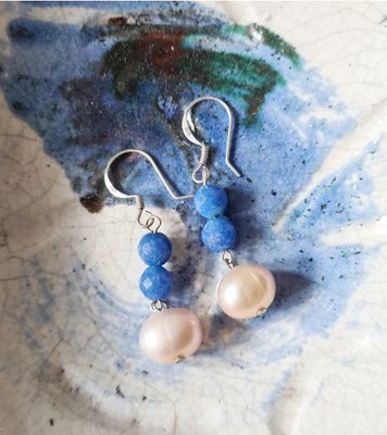 Pretty Lapis &amp; Pearl silver earrings