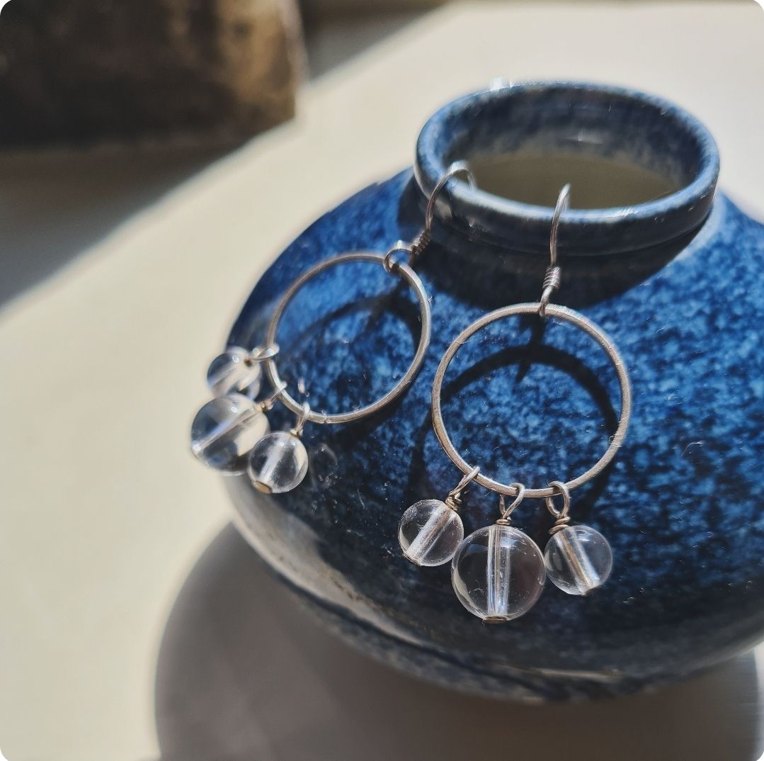 Beautiful clear quartz and silver hoop earrings