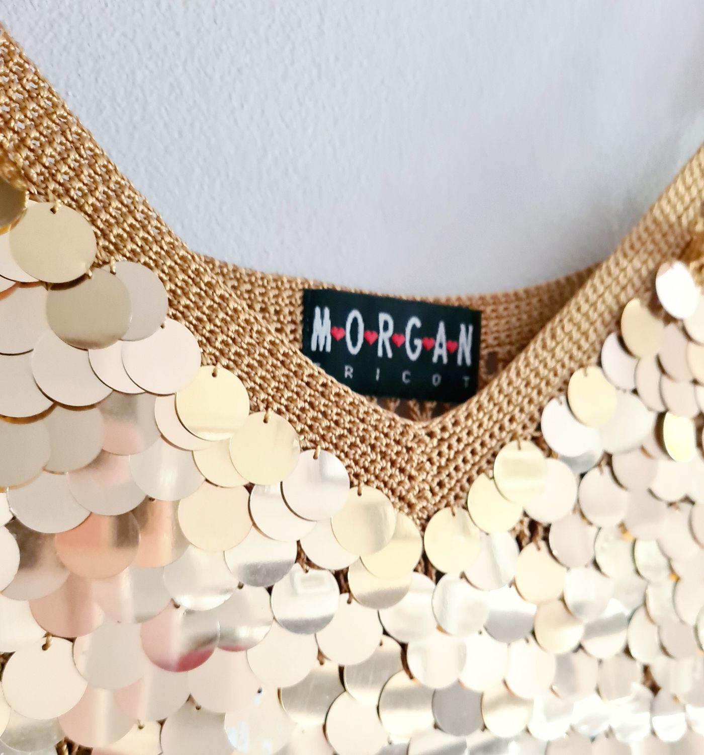1990&#39;s MORGAN Tricot jumbo gold sequin crochet top
