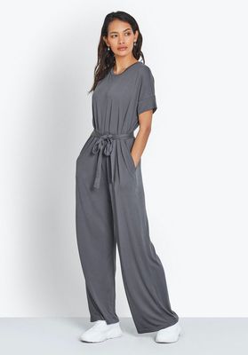 HUSH tie jersey jumpsuit in charcoal