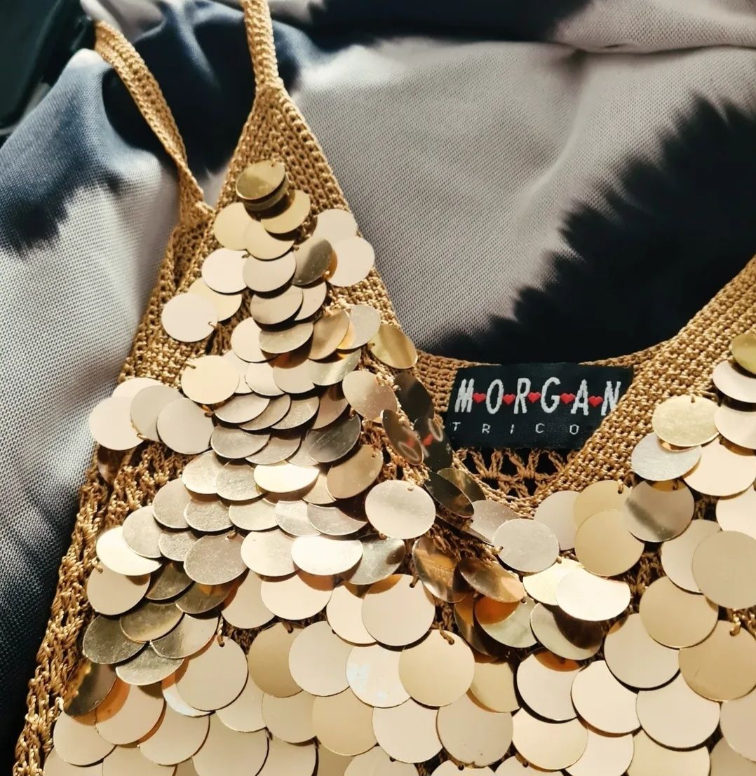 1990&#39;s MORGAN Tricot jumbo gold sequin crochet top