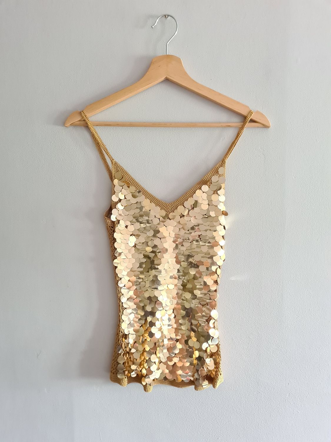 1990&#39;s MORGAN Tricot jumbo gold sequin crochet top