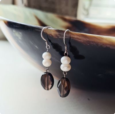 Beautiful Smoky quartz and pearl silver earrings