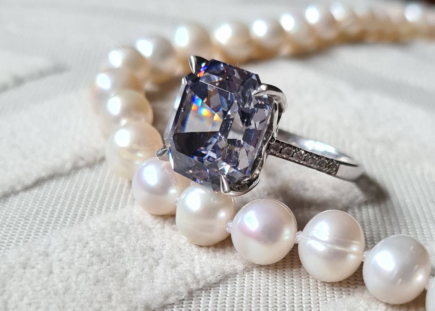 Beautiful Asscher cut crystal and silver cocktail ring