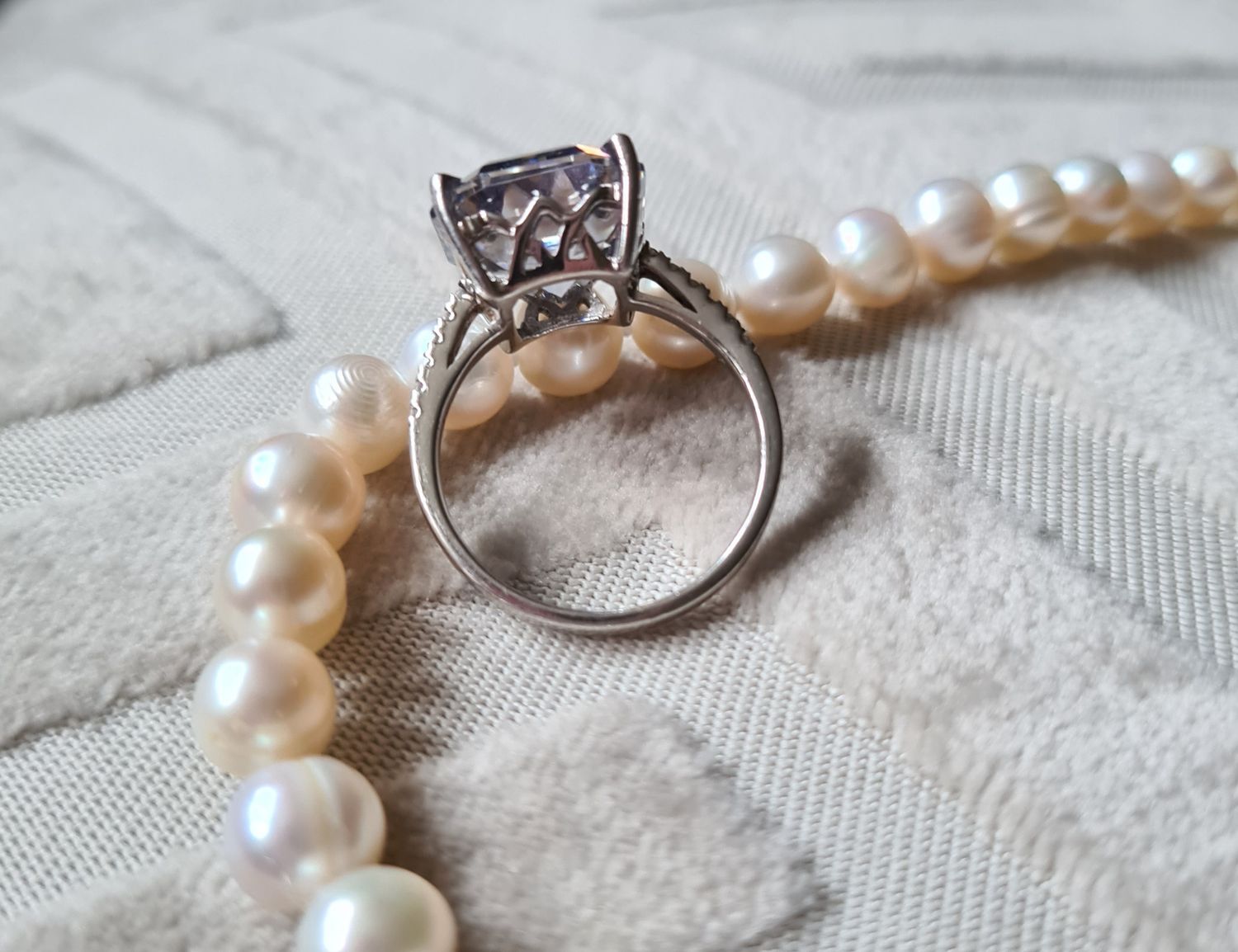 Beautiful Asscher cut crystal and silver cocktail ring