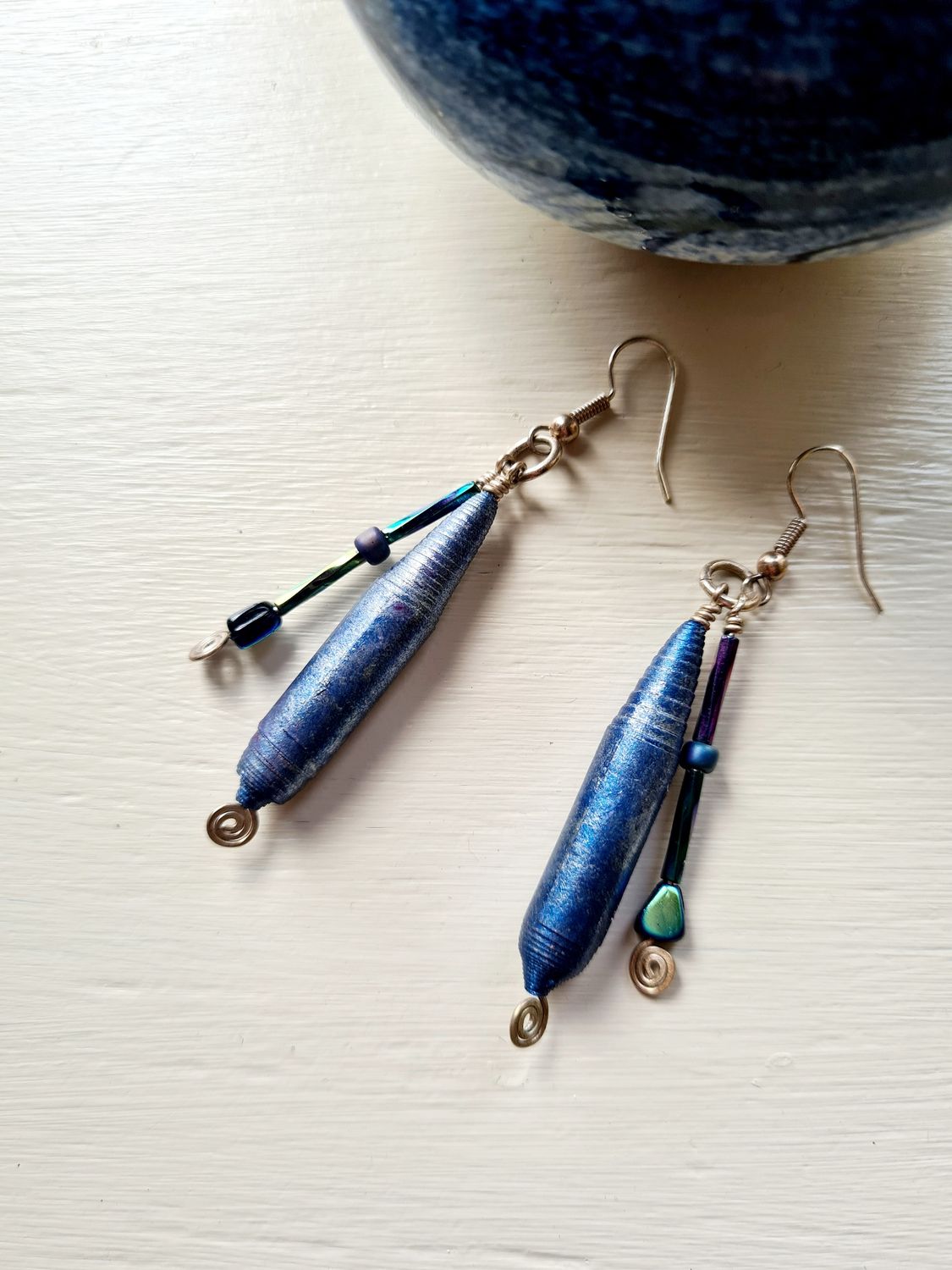 Artisan crystal and blue bead drop earrings