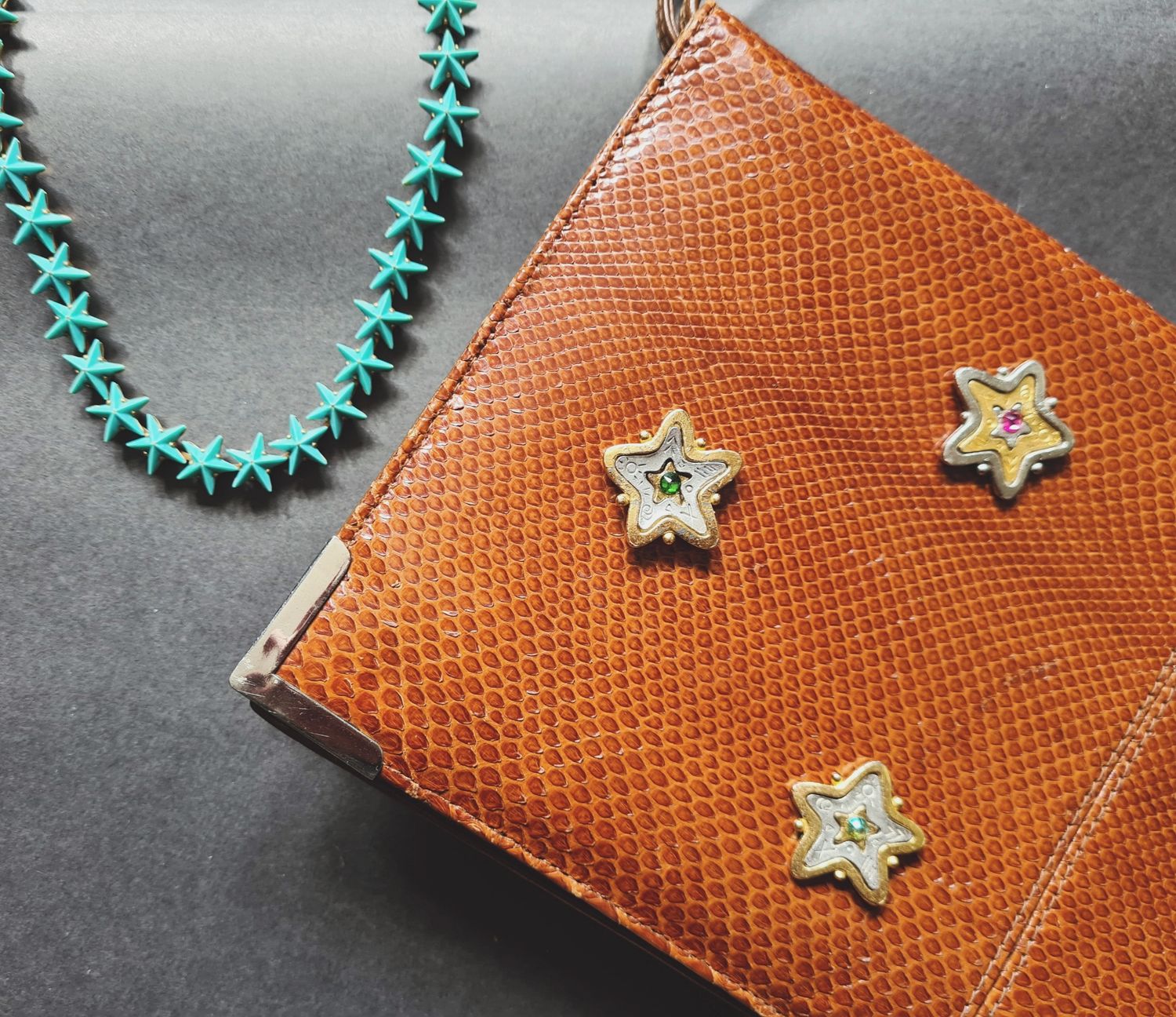 Reba bag no. 8 &#39;seeing stars&#39;  vintage tan snakeskin leather clutch/shoulder bag