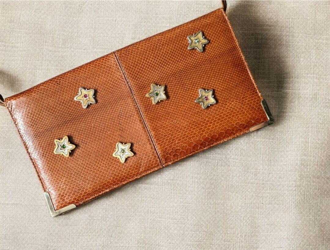 Reba bag no. 8 &#39;seeing stars&#39;  vintage tan snakeskin leather clutch/shoulder bag