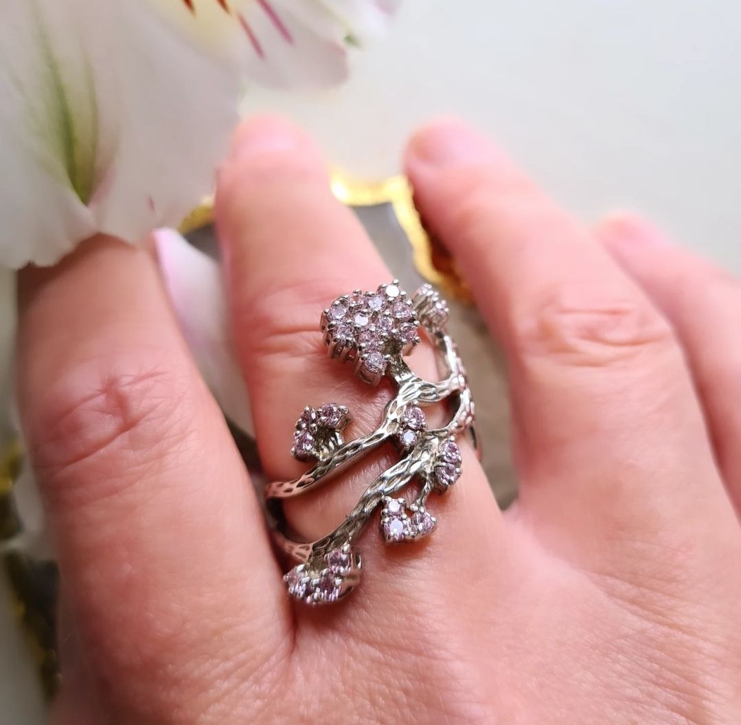 Blooming twisted branch sterling silver ring