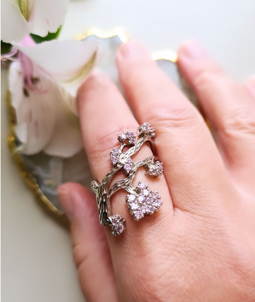Blooming twisted branch sterling silver ring